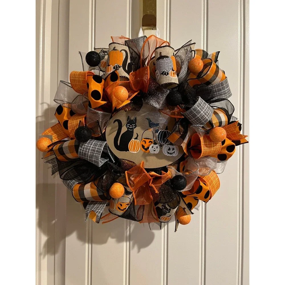 13 inch Halloween Ribbon Wreath Black Cat MW6